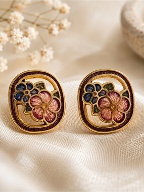 Vintage Cloisonne Enamel Floral Gold Earth Tone Earrings Victorian Dainty Studs